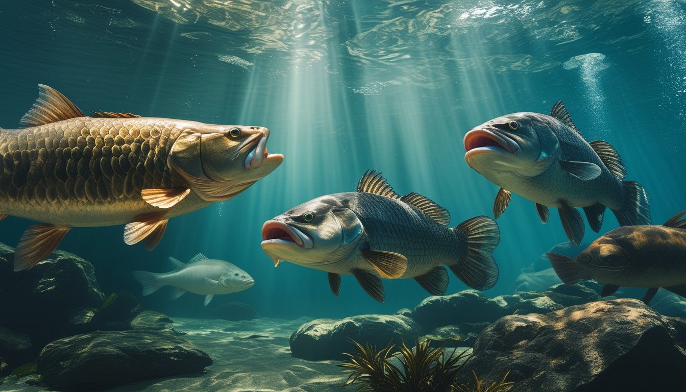 Beberapa ikan monster berukuran sangat besar berenang di perairan biru kehijauan yang jernih.