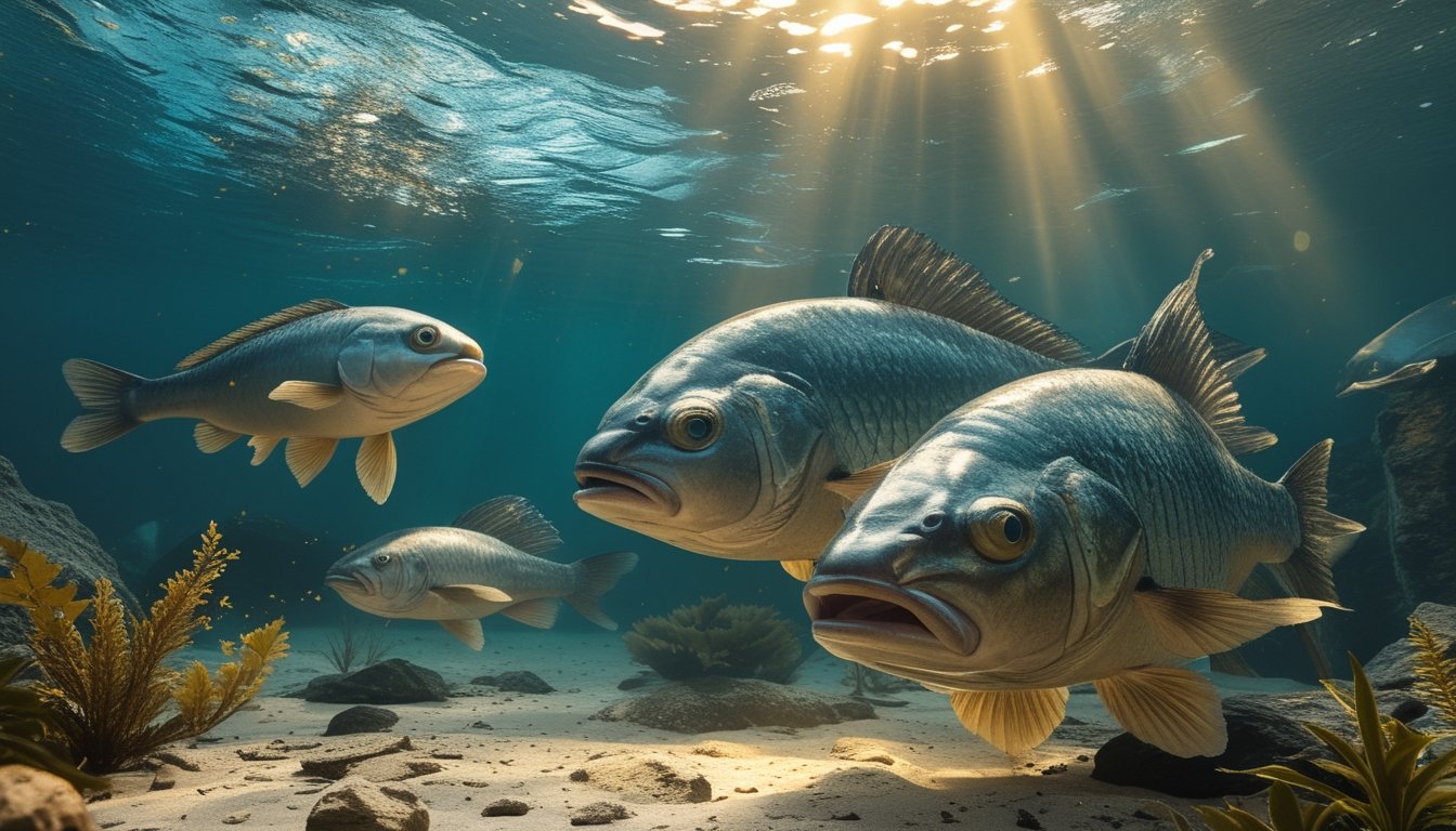 Sekelompok ikan monster berukuran berbeda berenang di lingkungan bawah air, dengan ikan terbesar berada di bagian depan.