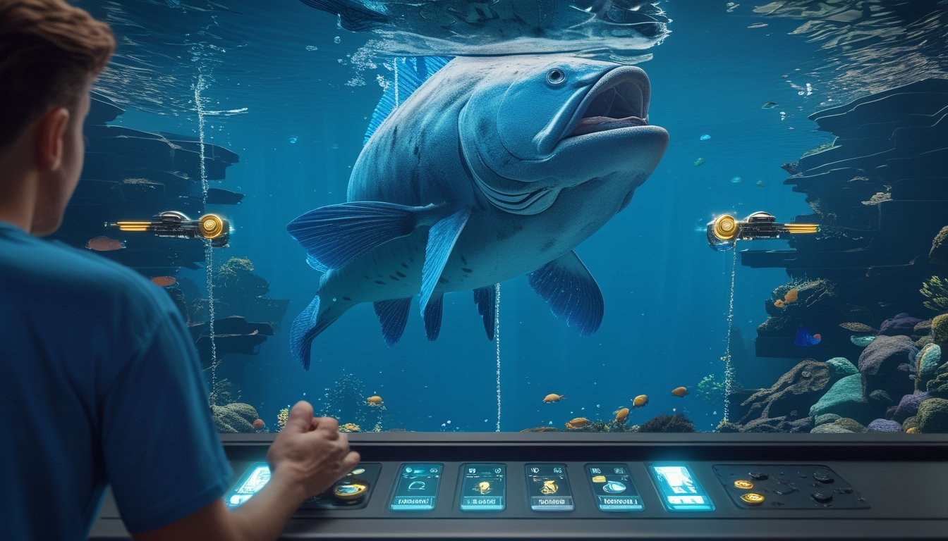 Pemain memilih senjata futuristik untuk menghadapi monster ikan raksasa di dunia bawah laut.