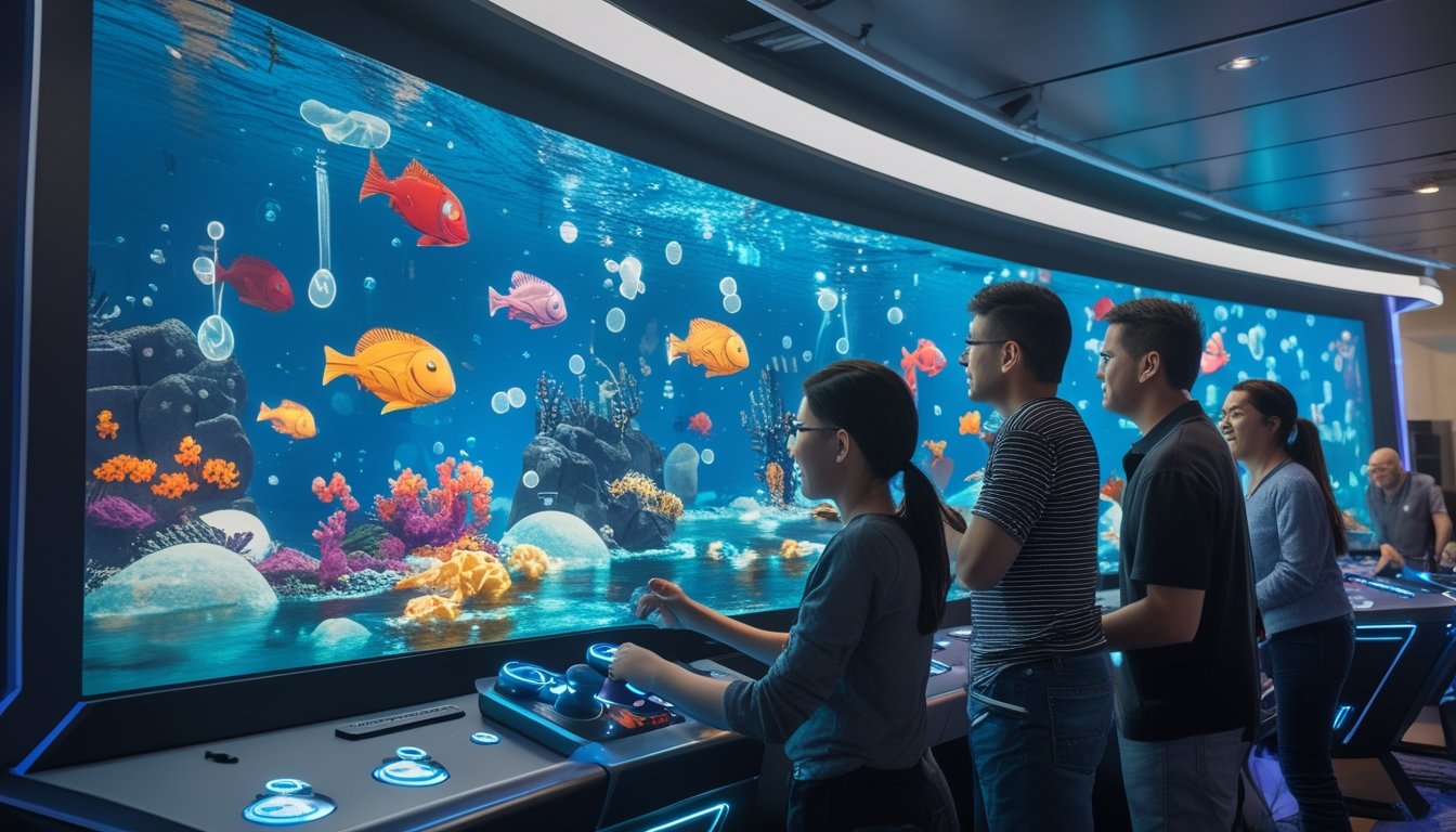 Pemain dewasa mencoba fitur baru permainan menembak ikan monster di mesin arkade futuristik.