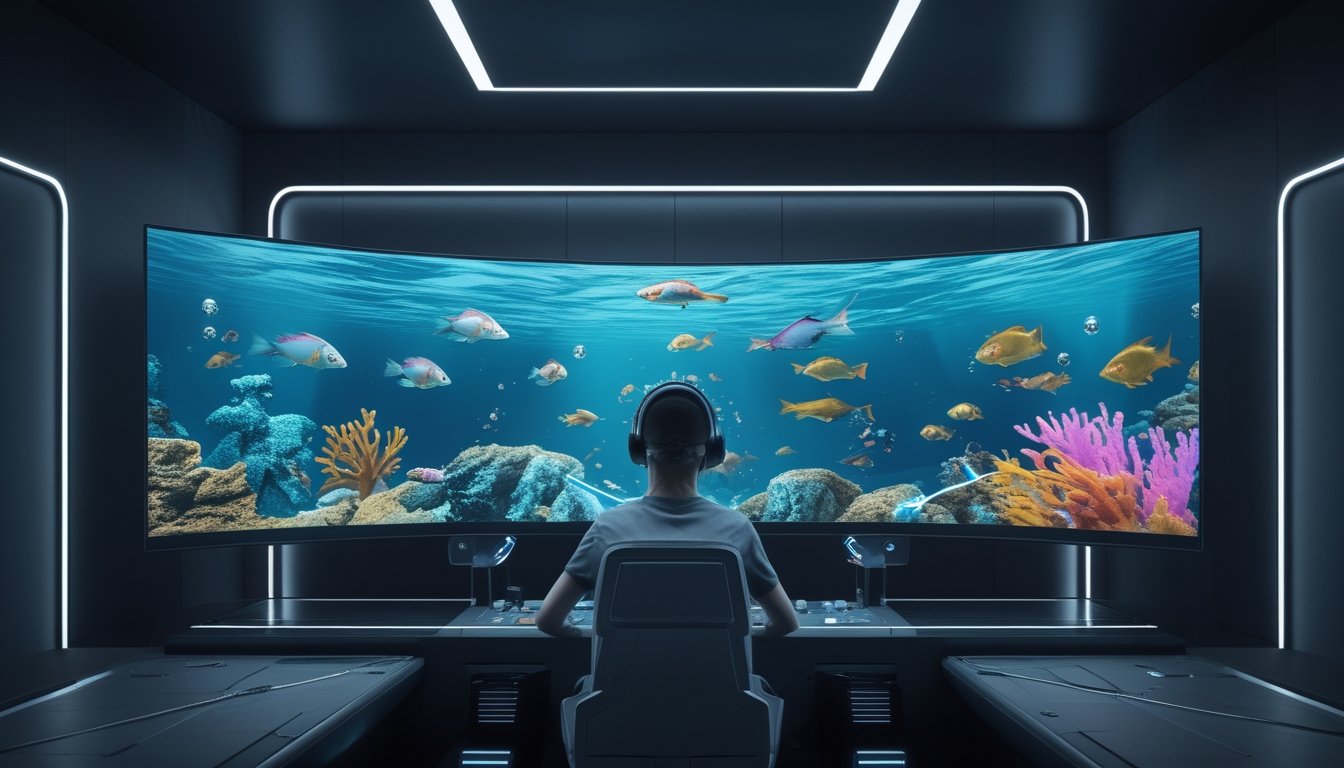 Pemain menggunakan konsol gim futuristis untuk menembak monster laut di lingkungan bawah air yang penuh warna.