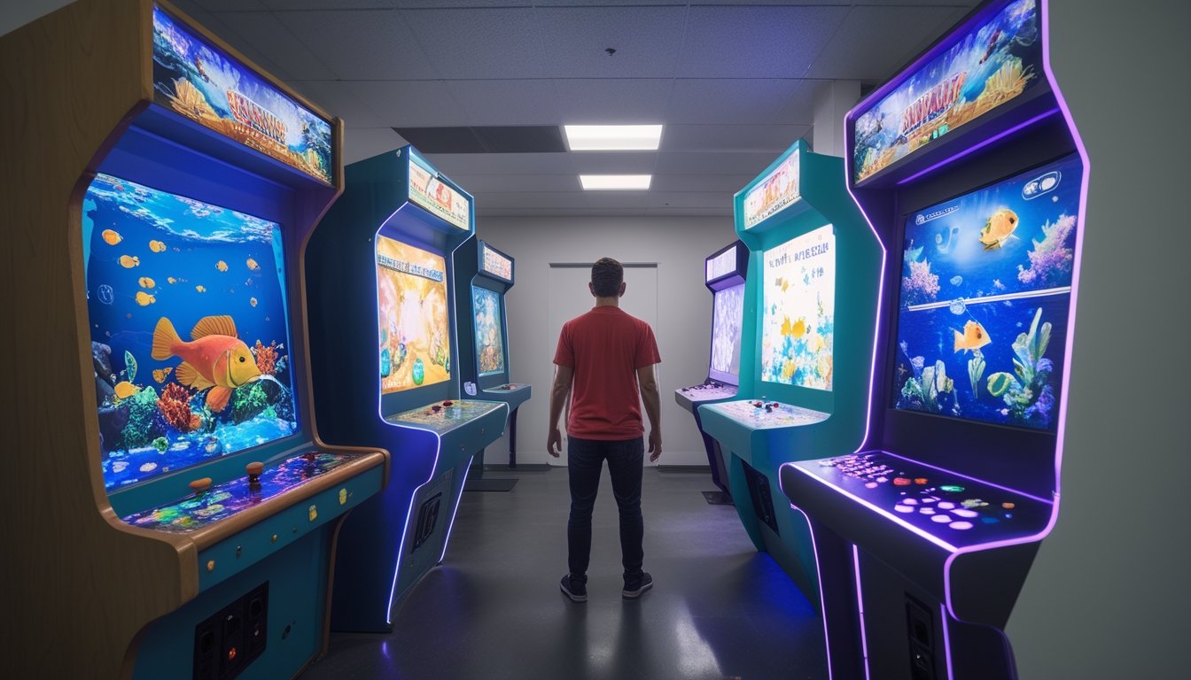 Seseorang membandingkan mesin permainan tembak ikan klasik dan versi modern di sebuah arena permainan.