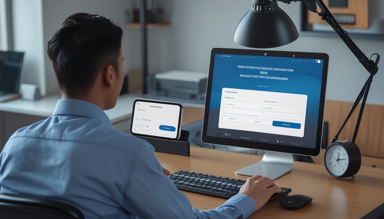 Seseorang mendaftarkan akun pada laptop di ruang kerja modern dengan ponsel yang menampilkan antarmuka siaran langsung.