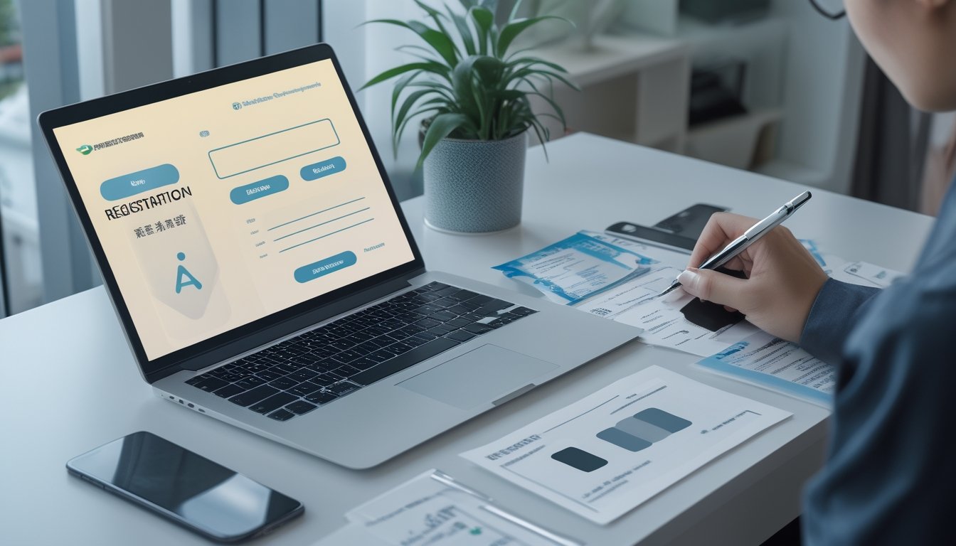 Meja kerja modern dengan laptop, ponsel, dan dokumen pribadi yang disamarkan untuk persiapan pendaftaran akun online.