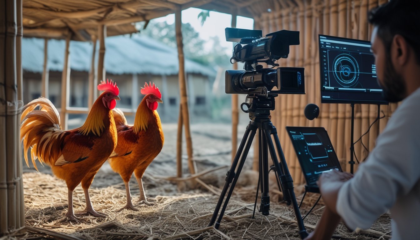 Operator merekam dua ayam jantan di lingkungan pedesaan dengan peralatan siaran langsung.