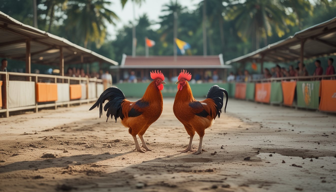 Arena sabung ayam yang tertata dengan dua ayam jantan dan para pengawas di lingkungan tropis.