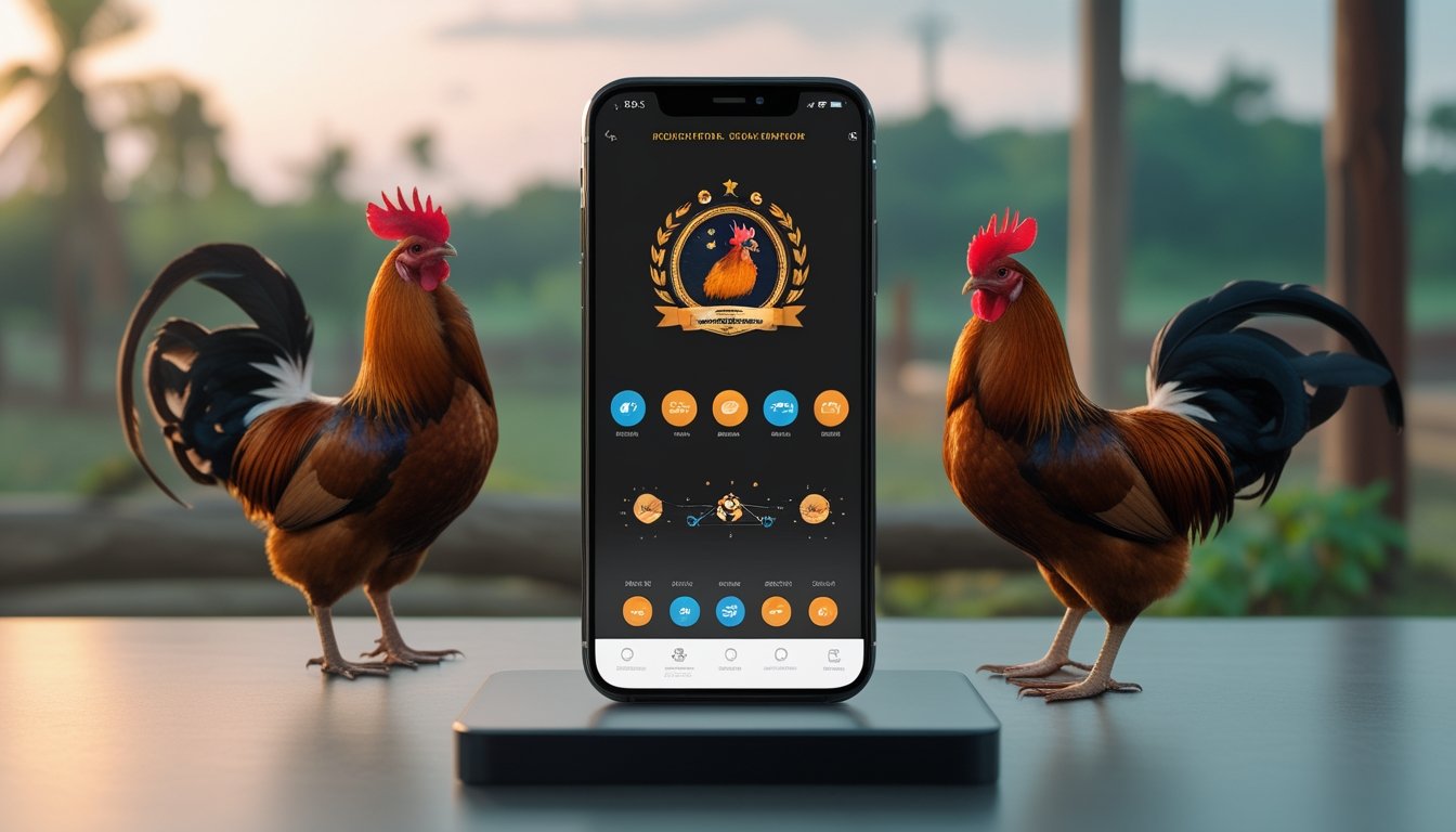 Ponsel menampilkan permainan bertema ayam jago di samping ayam jago sehat dalam suasana pedesaan.