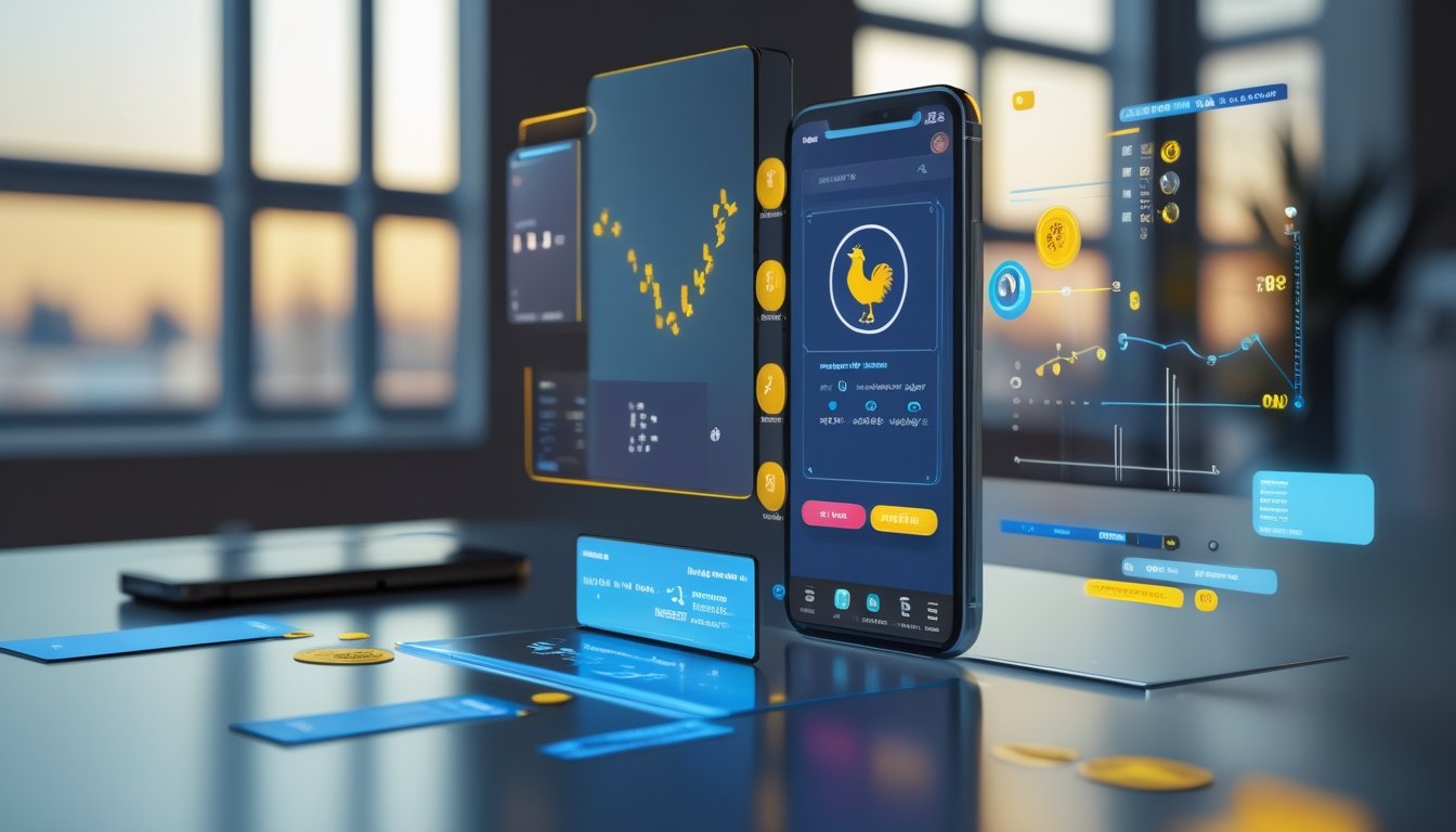 Ponsel cerdas menampilkan antarmuka aplikasi hiburan digital dengan elemen teknologi modern di sekitarnya.