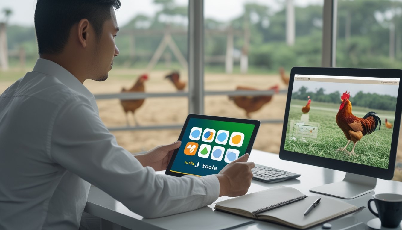 Seorang pria mempelajari tampilan digital tentang ayam jantan di ruang kerja modern.
