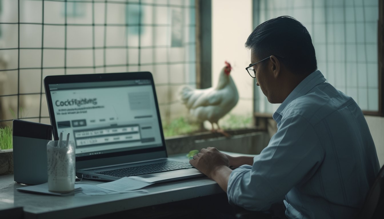 Seseorang tampak cemas di depan laptop dan tagihan, sementara ayam berada aman di kandang bersih di latar belakang.