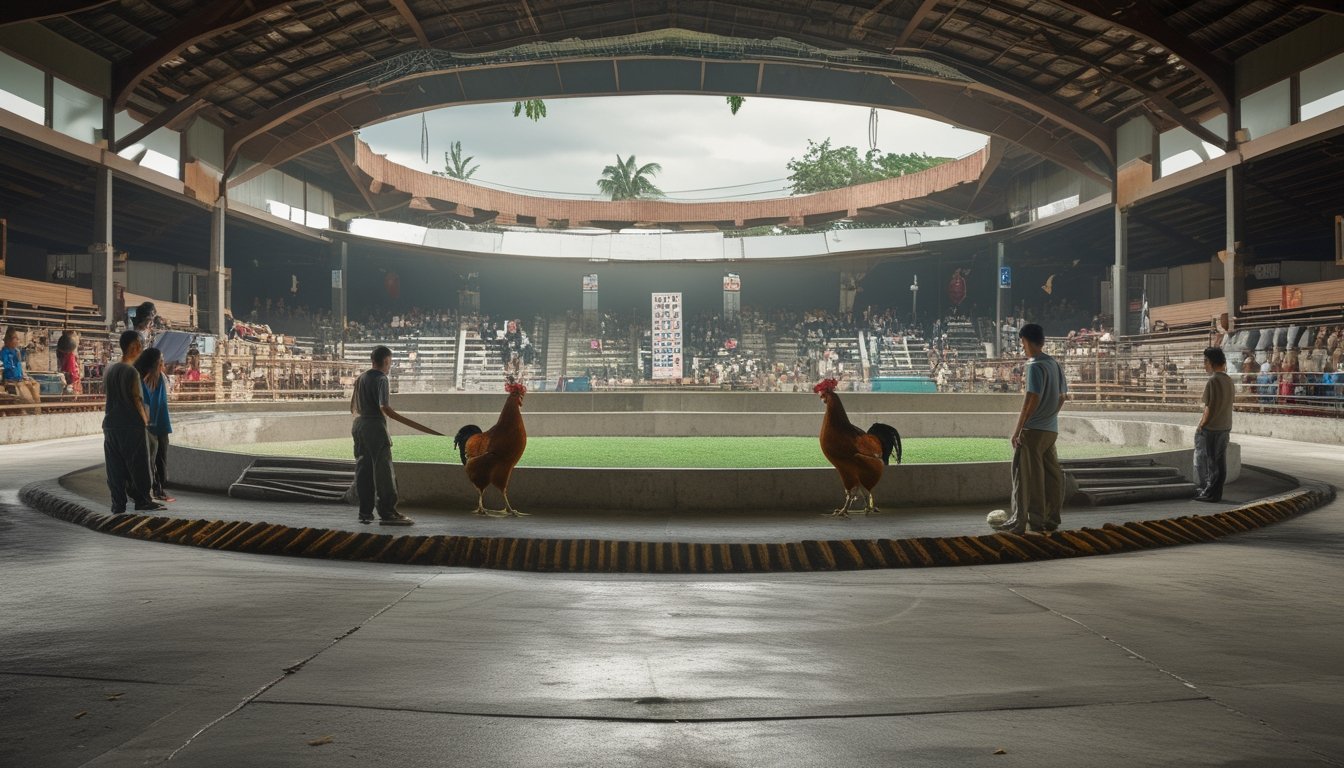 Arena sabung ayam Filipina yang tertata dengan penonton dan dua ayam jago yang dipandu secara aman.