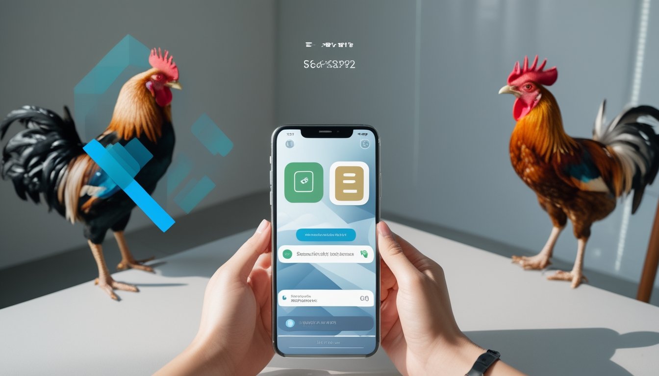 Meja modern dengan ponsel yang menampilkan antarmuka aplikasi pembayaran abstrak dan dua ayam jantan terawat di latar belakang.