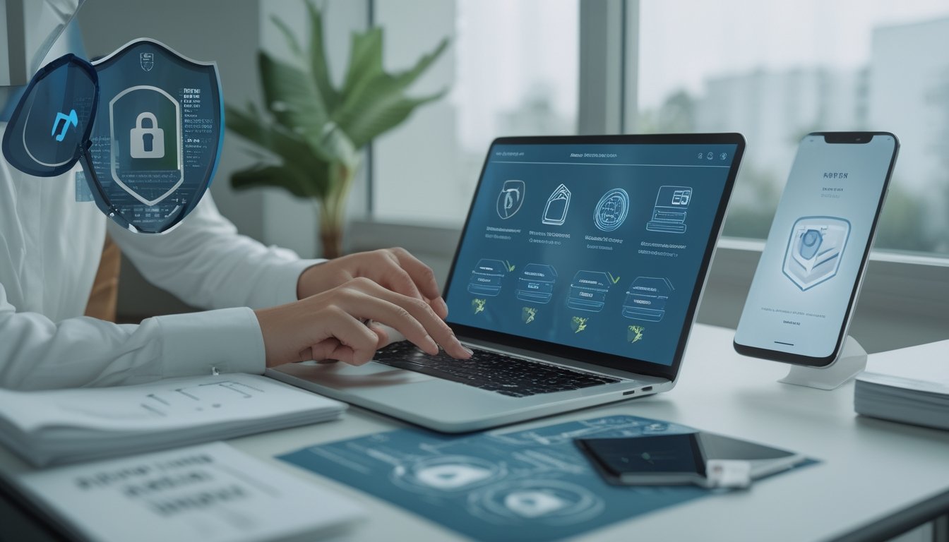 Profesional memeriksa keamanan platform digital melalui laptop dan ponsel dengan simbol verifikasi serta pembayaran QR.