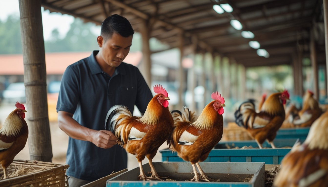 Seorang pembeli memeriksa ayam jago sehat di pasar unggas tradisional.