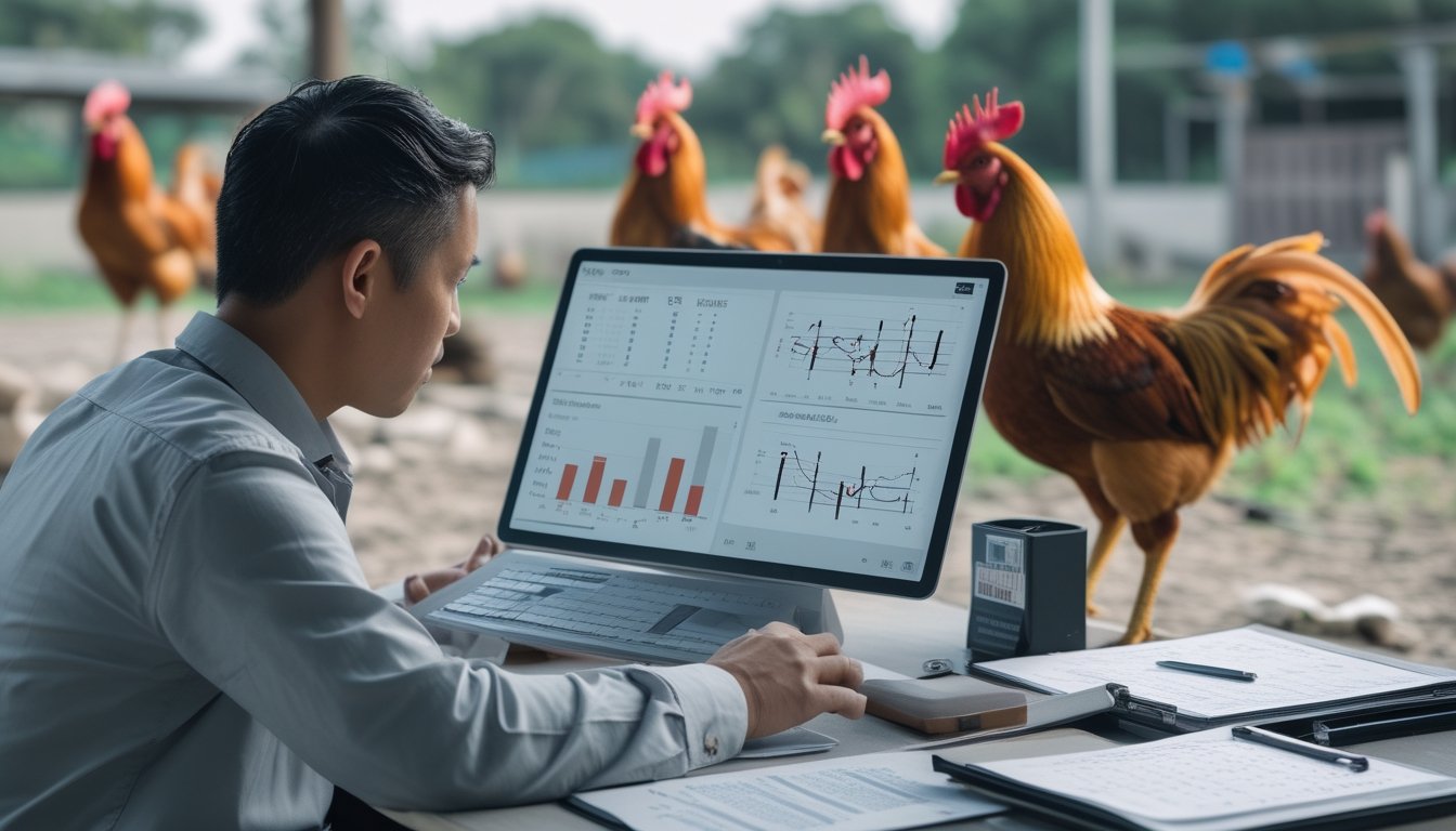 Seorang analis membandingkan data pertandingan sambil mengamati beberapa ayam jago di area yang tertata rapi.