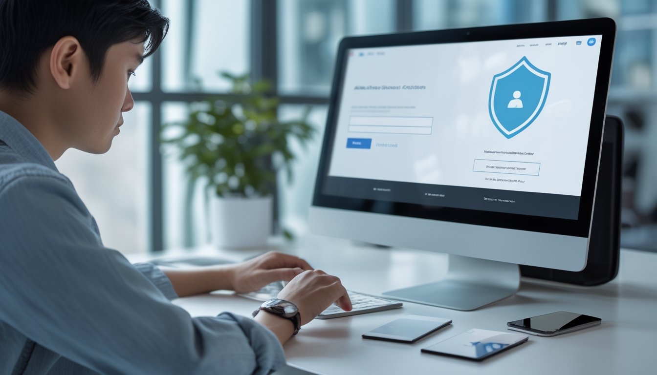 Seseorang memeriksa akses akun di laptop sambil menggunakan ponsel untuk verifikasi keamanan.