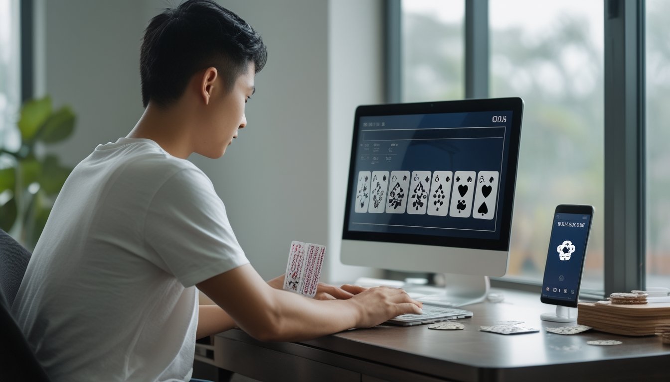 Seorang pemula mempelajari permainan kartu daring di laptop dengan kartu dan keping permainan di atas meja.