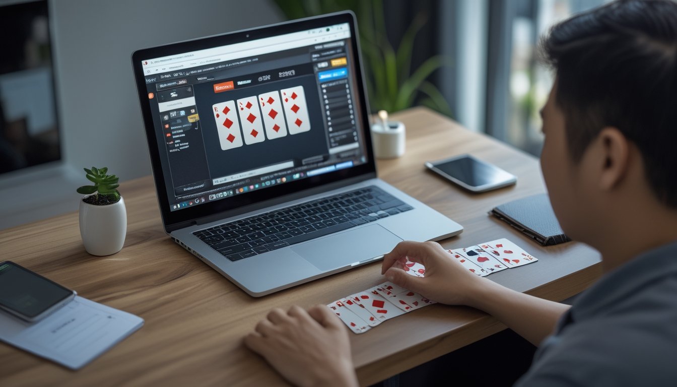 Seorang pemula menyusun kartu dalam tiga baris di meja sambil melihat permainan kartu online melalui laptop.