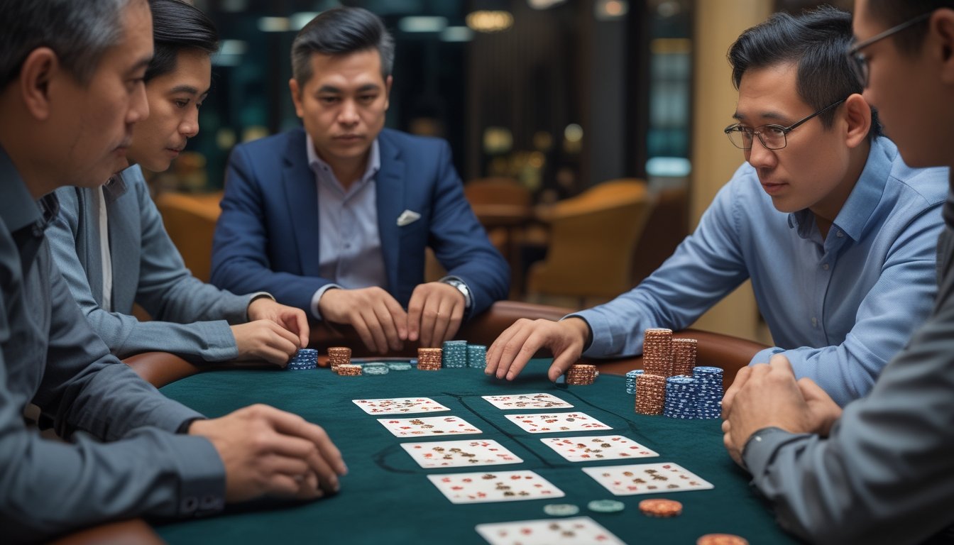 Beberapa pemain dewasa mengamati susunan kartu dan gerak-gerik lawan di meja permainan kartu dengan chip taruhan.