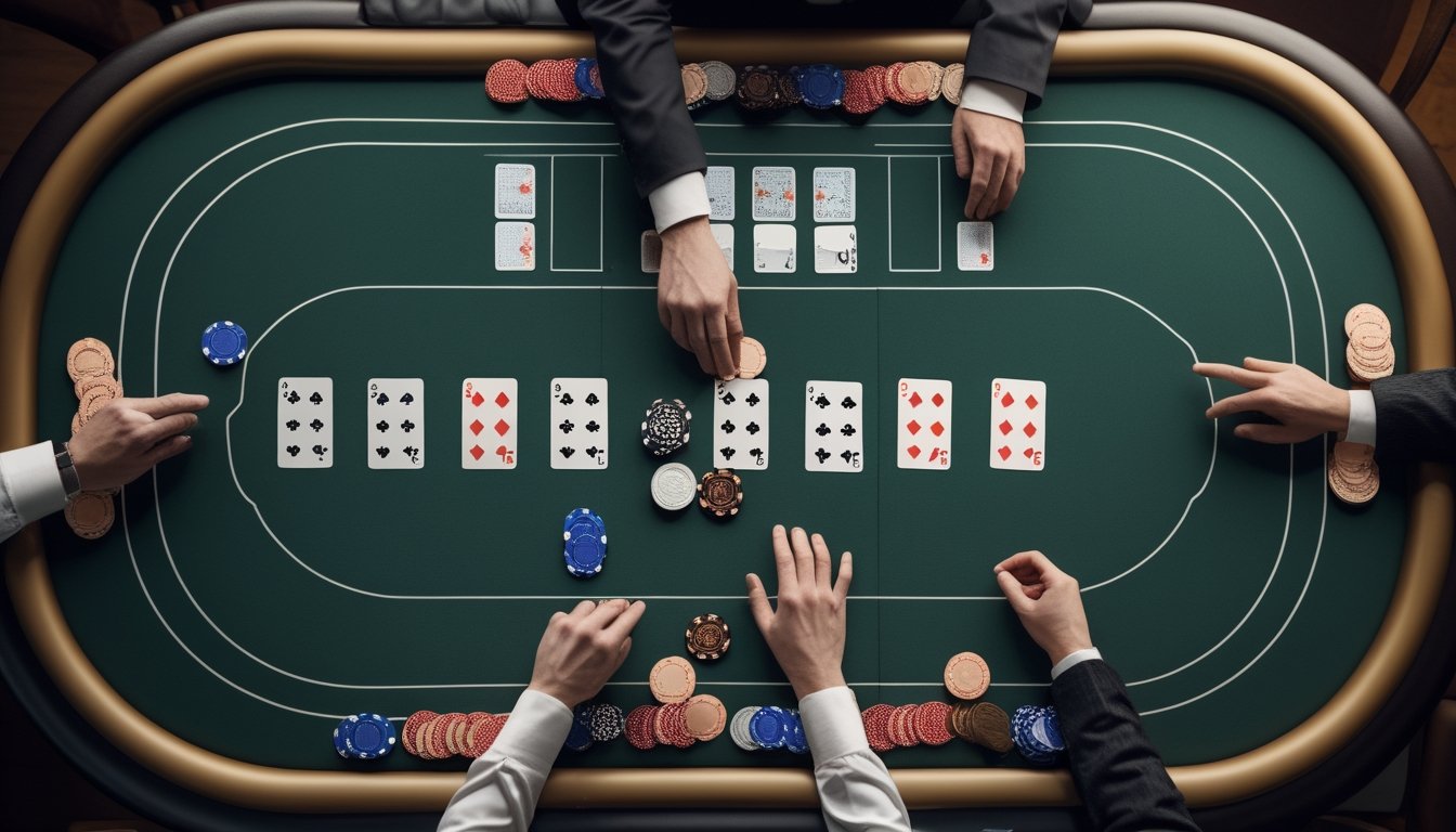 Pemain mengamati susunan kartu dan tumpukan chip di meja permainan Capsa Susun.