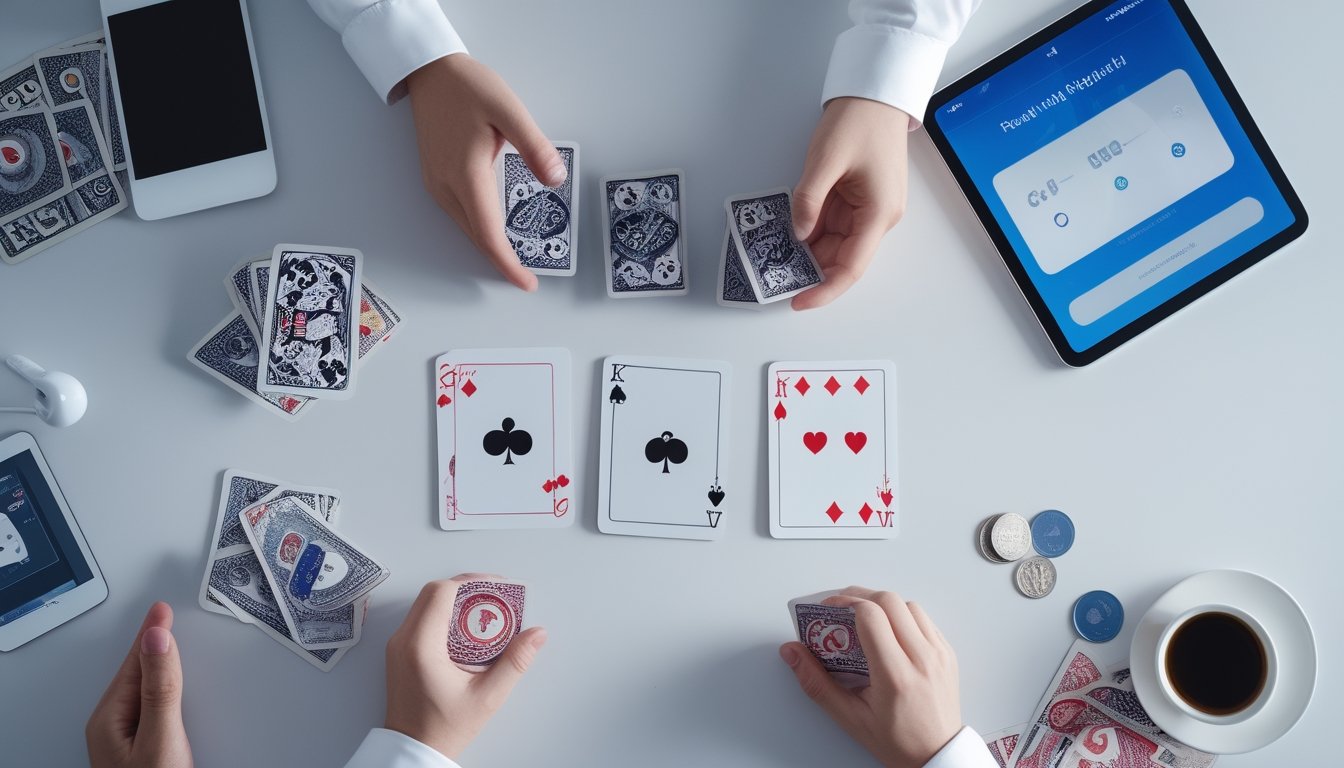 Kartu remi tersusun dalam beberapa kombinasi di samping perangkat digital dan uang rupiah.