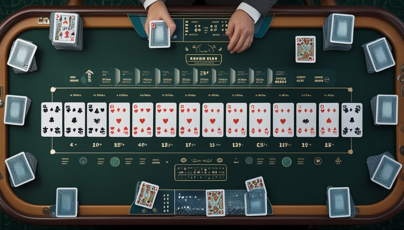 Kartu remi tersusun dalam tiga baris di atas meja permainan dengan elemen visual analisis probabilitas.
