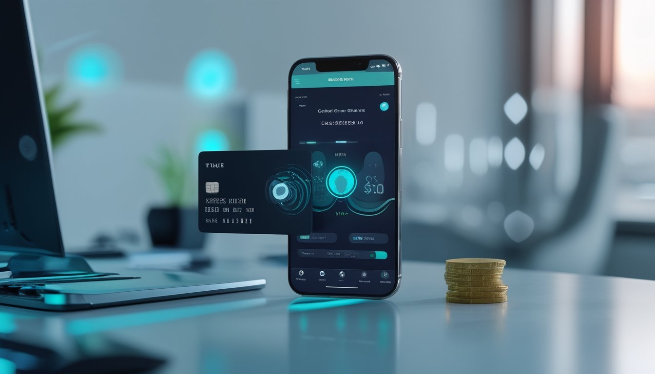 Ponsel pintar menampilkan antarmuka dompet digital dengan simbol pembayaran cepat di atas meja modern.