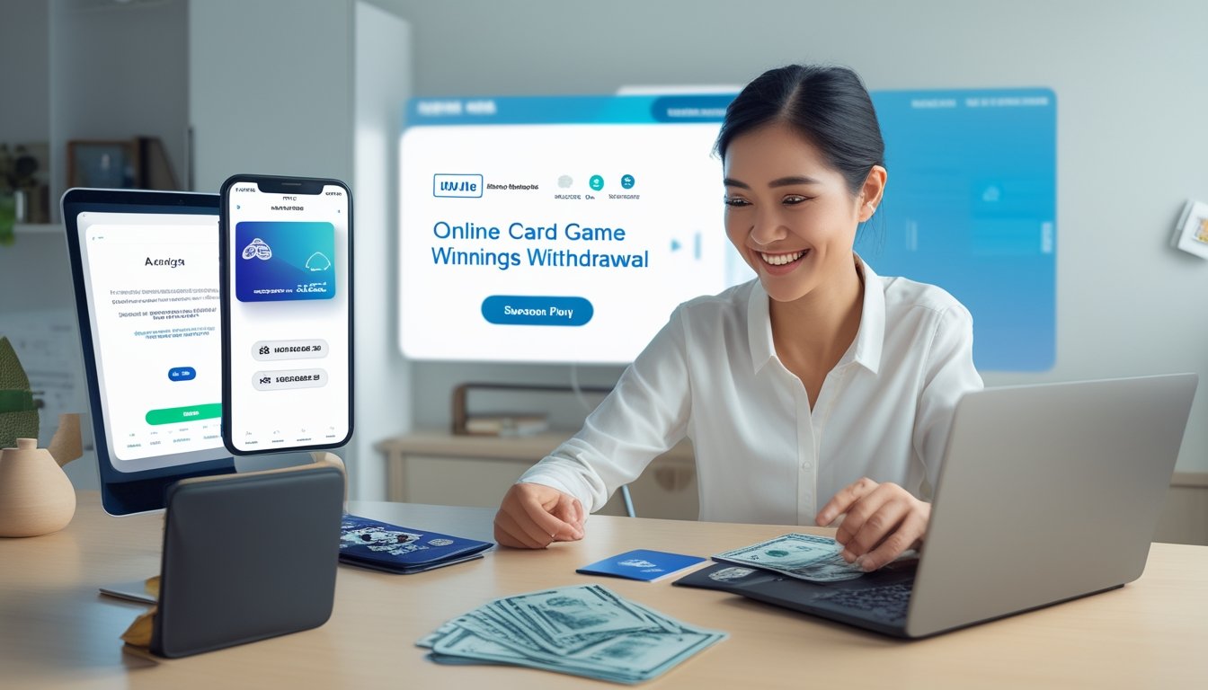 Seseorang tersenyum menggunakan laptop dan ponsel untuk mengelola penarikan dana digital di meja kerja, dengan kartu remi dan dompet di dekatnya.