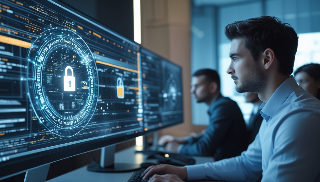 Tim keamanan siber memantau perlindungan data terenkripsi dengan simbol perisai dan kunci digital.