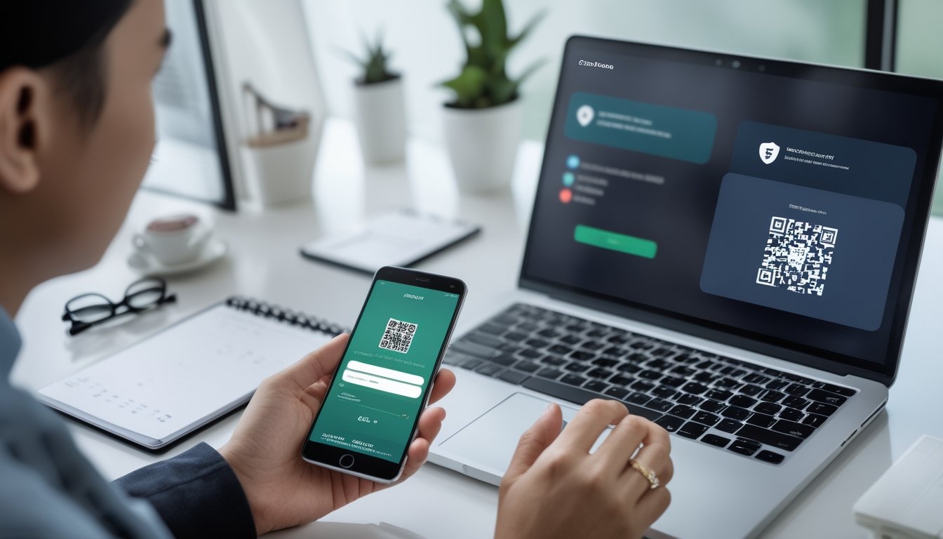 Orang dewasa memeriksa pembayaran QRIS di ponsel sambil melihat permainan kartu online di laptop.