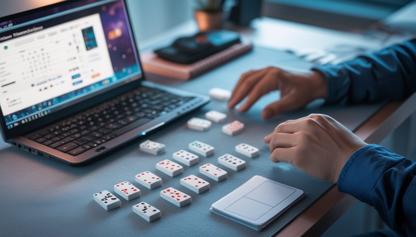 Seorang pemula mempelajari kartu domino di meja dengan laptop yang menampilkan permainan kartu daring.