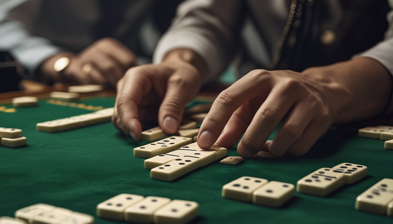 Tangan pemain sedang menyusun enam kartu domino di atas meja permainan, dengan pemain lain tampak samar di latar belakang.