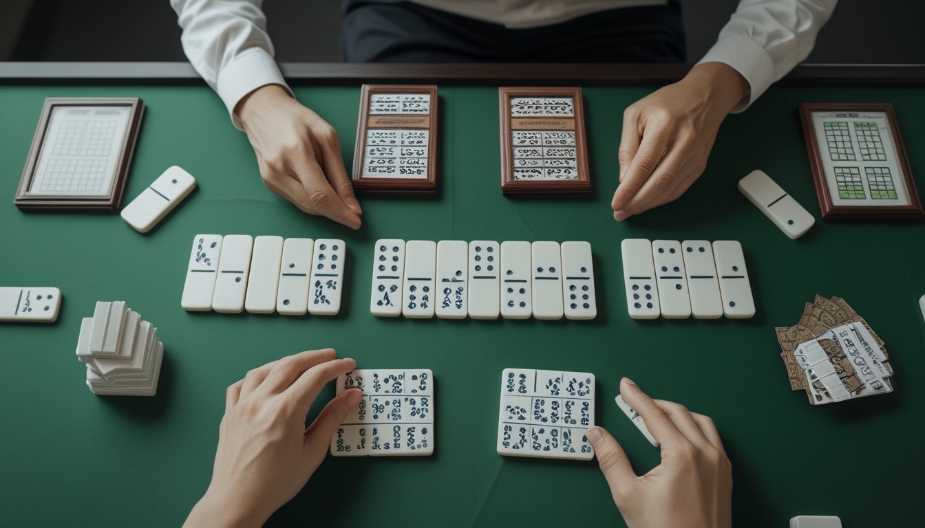 Tangan seseorang menata enam keping domino dan membandingkan beberapa kombinasi di atas meja hijau.
