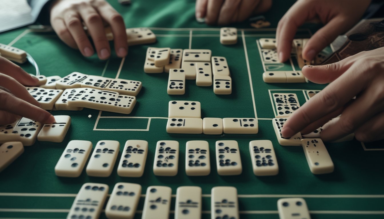 Domino tersusun di atas meja permainan hijau dengan tangan yang sedang menjelaskan dan menghitung skor.