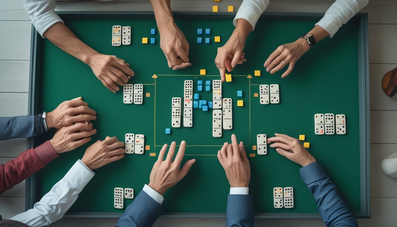 Meja permainan dengan kartu domino, keping-keping yang dikelompokkan, dan tangan pemain yang sedang menghitung skor.