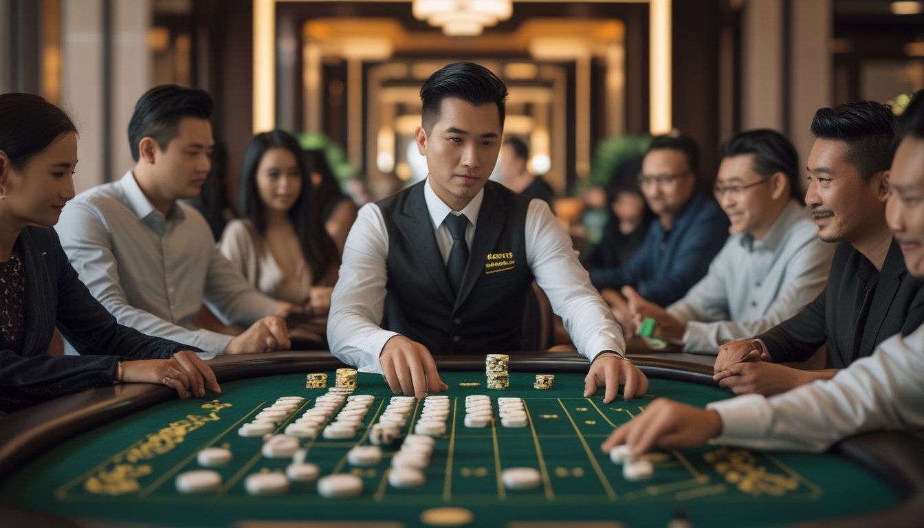 Seorang bandar mengatur kartu domino dan keping taruhan di meja permainan bersama beberapa pemain.
