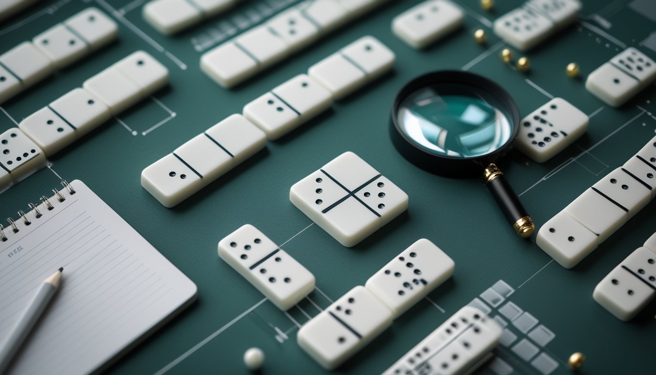 Susunan kartu domino di atas meja dengan alat tulis dan kaca pembesar yang menggambarkan analisis pola.
