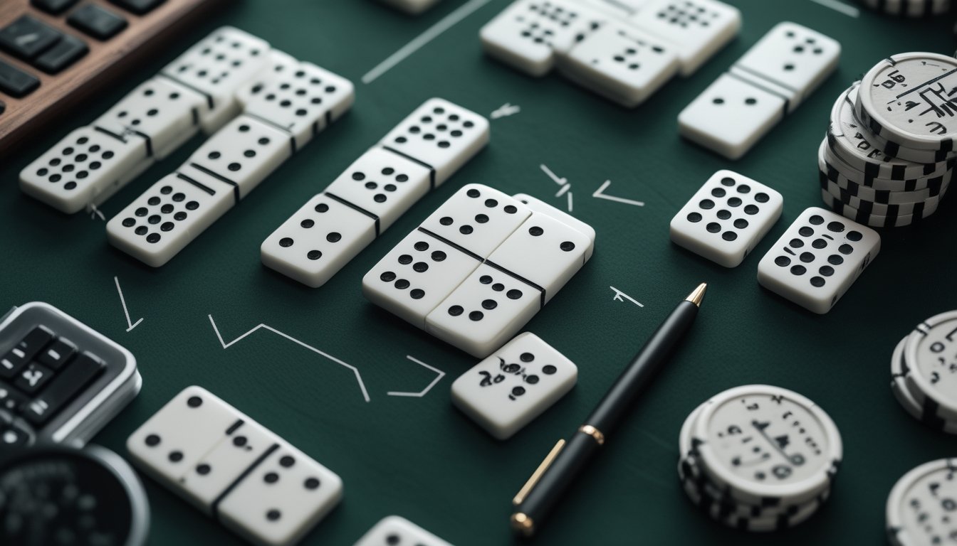 Susunan kartu domino dan perlengkapan analisis di atas meja permainan.