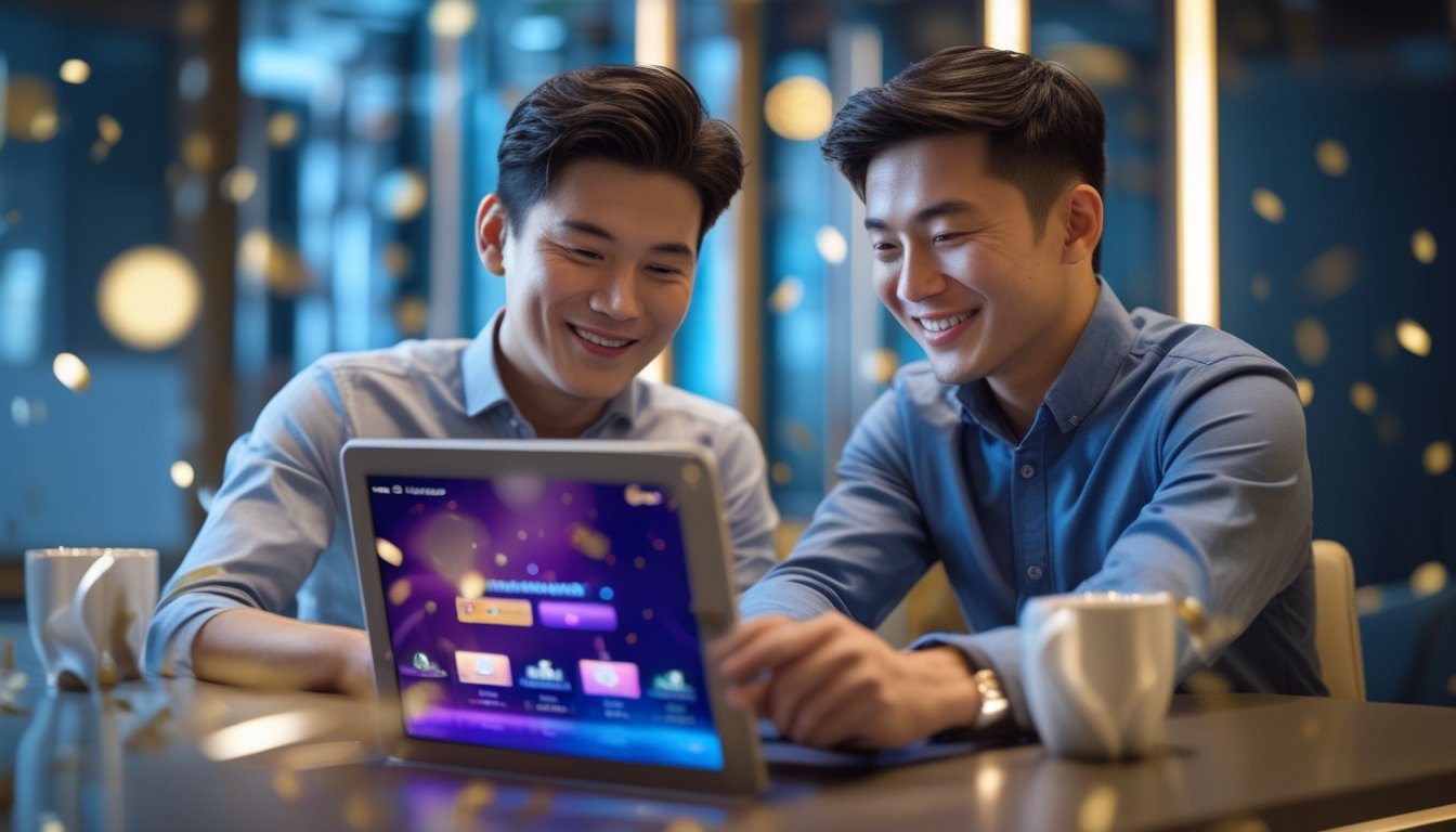 Dua orang dewasa tersenyum menggunakan tablet dan ponsel di meja dalam suasana modern dengan pencahayaan biru dan emas.