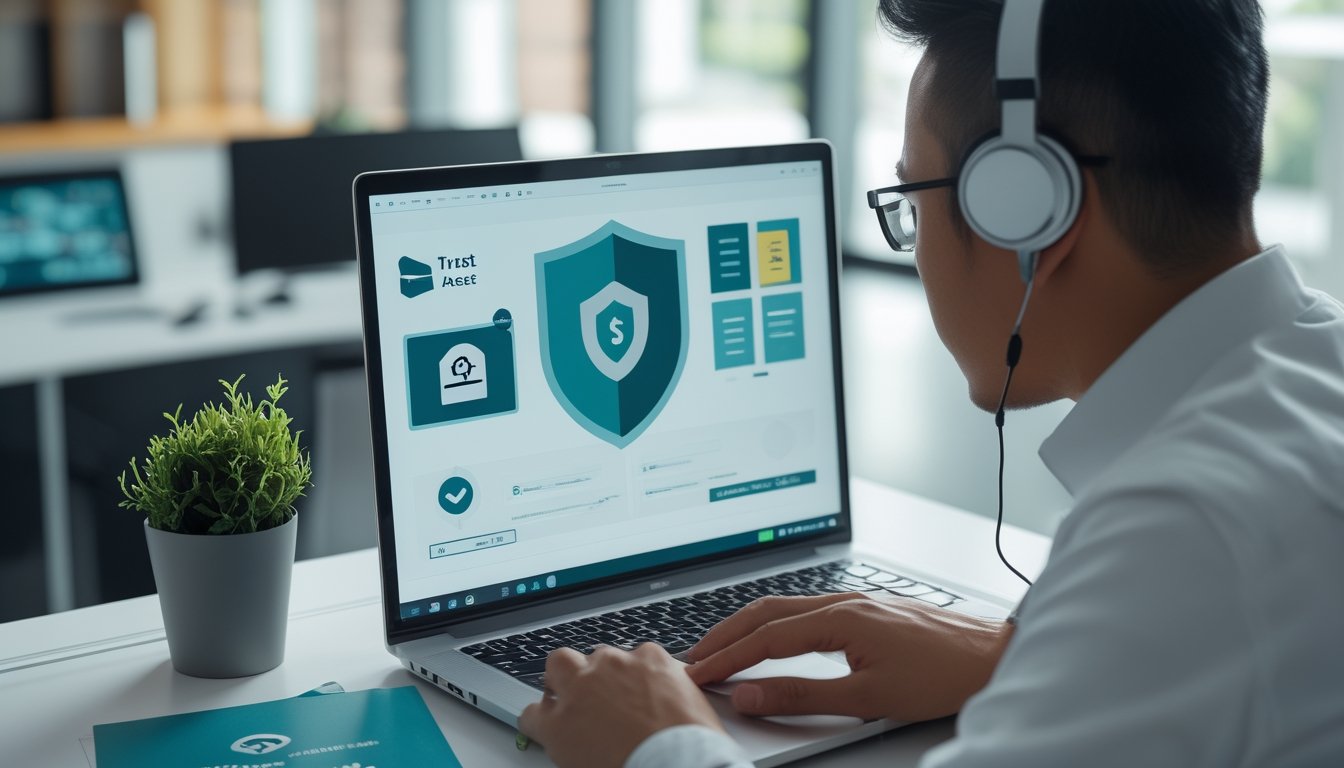 Seorang profesional memeriksa kredibilitas platform online menggunakan laptop dengan simbol keamanan dan verifikasi.