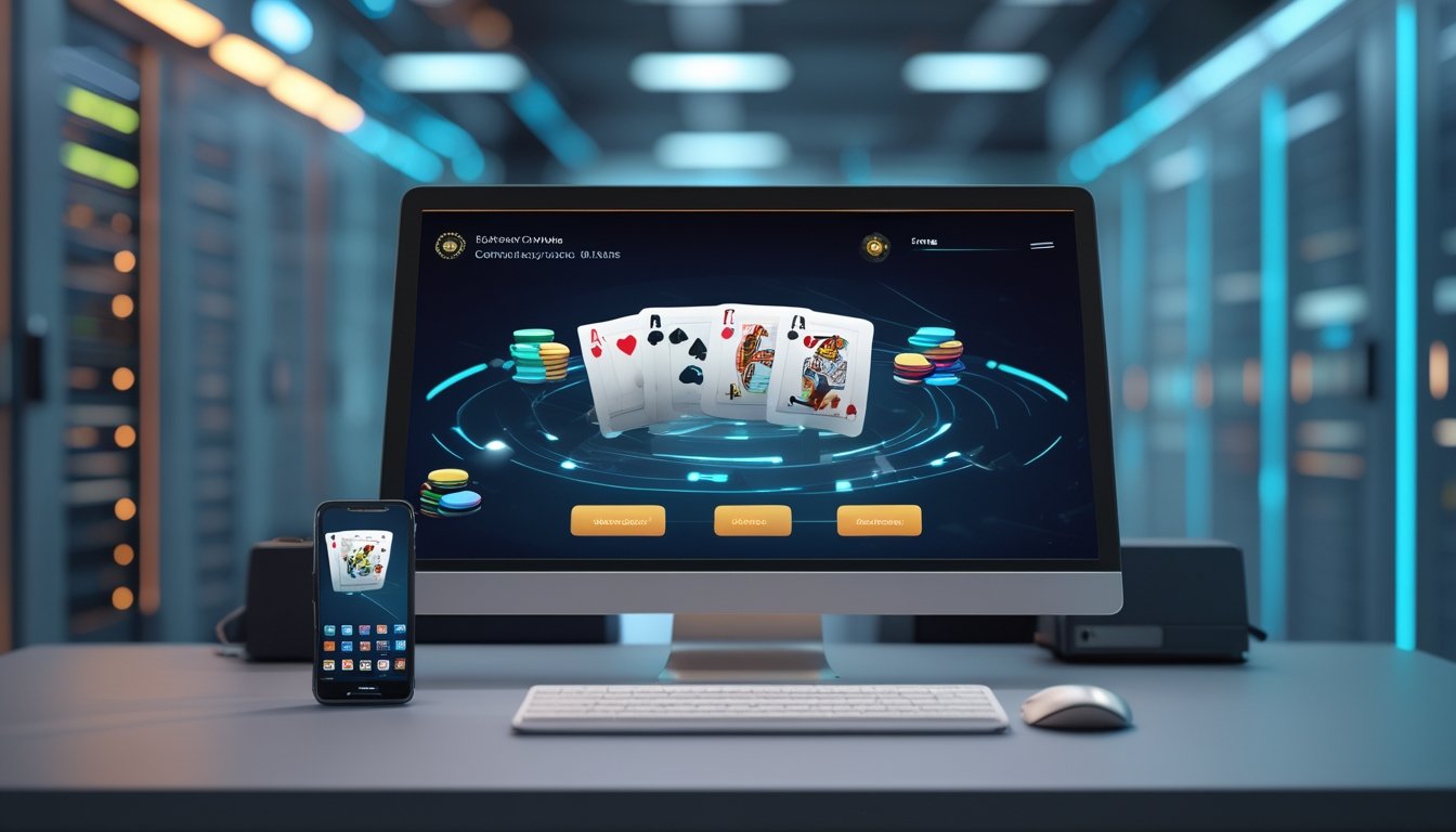 Perangkat komputer dan ponsel menampilkan permainan kartu digital dengan latar ruang server modern.
