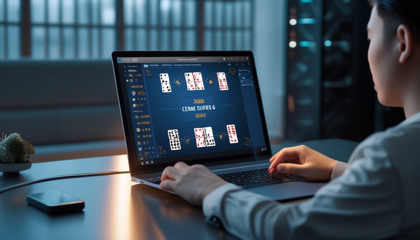 Seseorang menggunakan laptop untuk bermain permainan kartu digital dengan tampilan server modern di latar belakang.