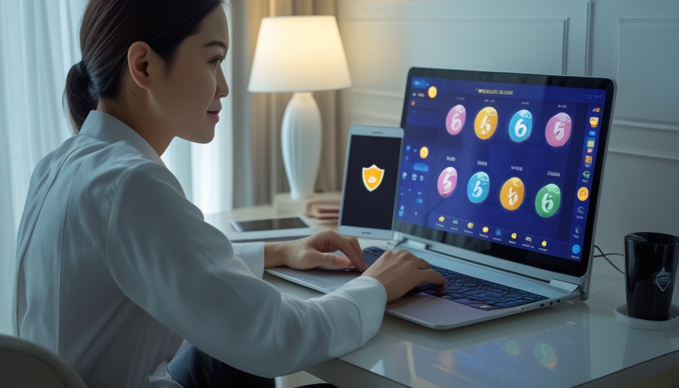 Orang dewasa Indonesia bermain gim kartu daring di laptop dan ponsel dalam suasana rumah yang nyaman.