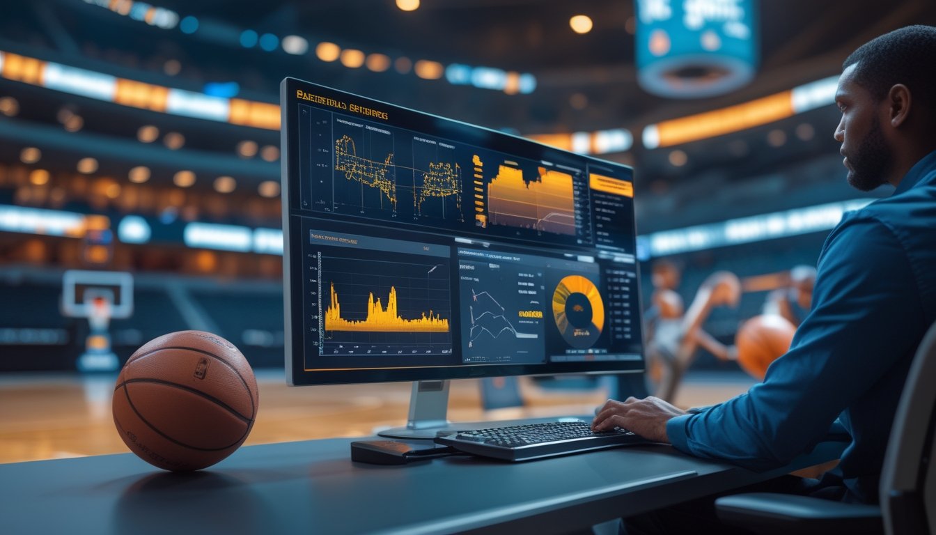 Meja kerja analis dengan layar grafik statistik bola basket dan lapangan basket yang tampak di latar belakang.