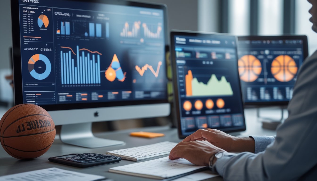 Ruang kerja analitik dengan grafik statistik abstrak, bola basket, perangkat digital, dan latar lapangan basket yang buram.