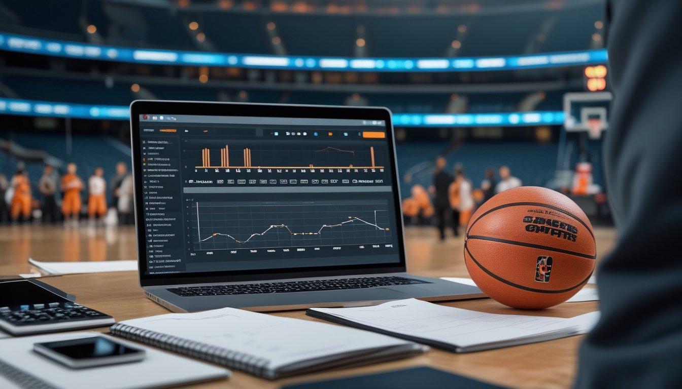 Bola basket dan laptop berisi grafik analisis di meja kerja modern dengan suasana arena olahraga yang samar.