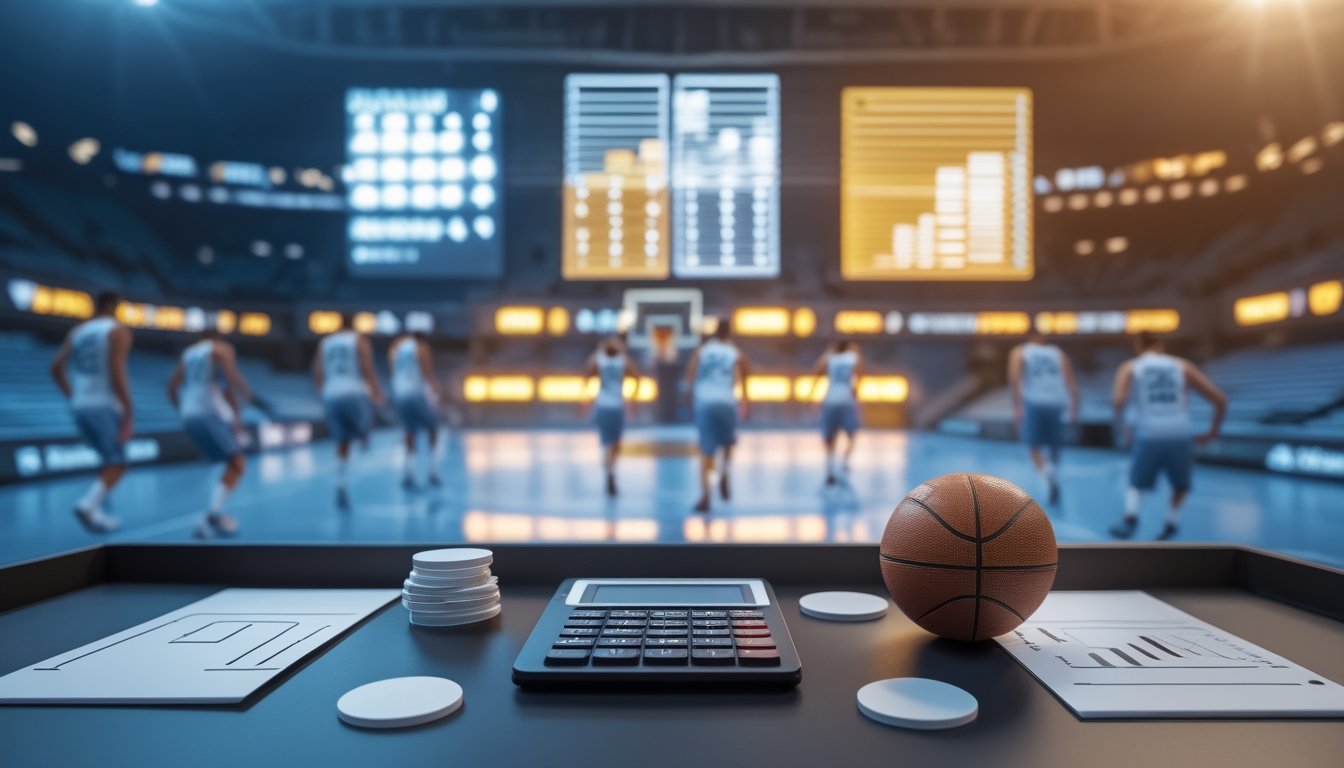 Suasana pertandingan bola basket dengan meja berisi bola, kalkulator, tablet, dan keping taruhan tanpa tulisan.