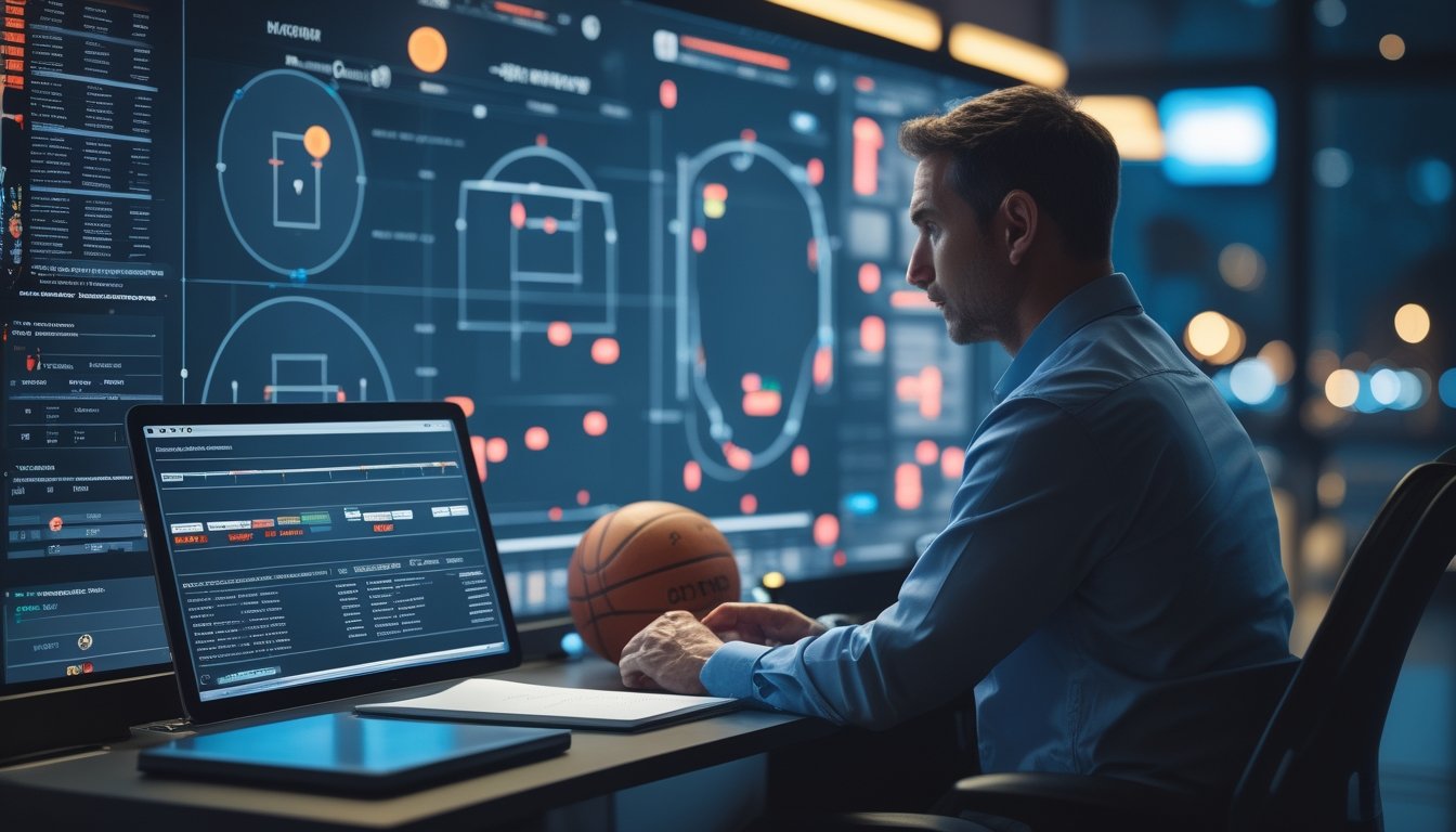 Seorang analis olahraga mempelajari grafik abstrak dan diagram lapangan basket di ruang kerja modern pada malam hari.