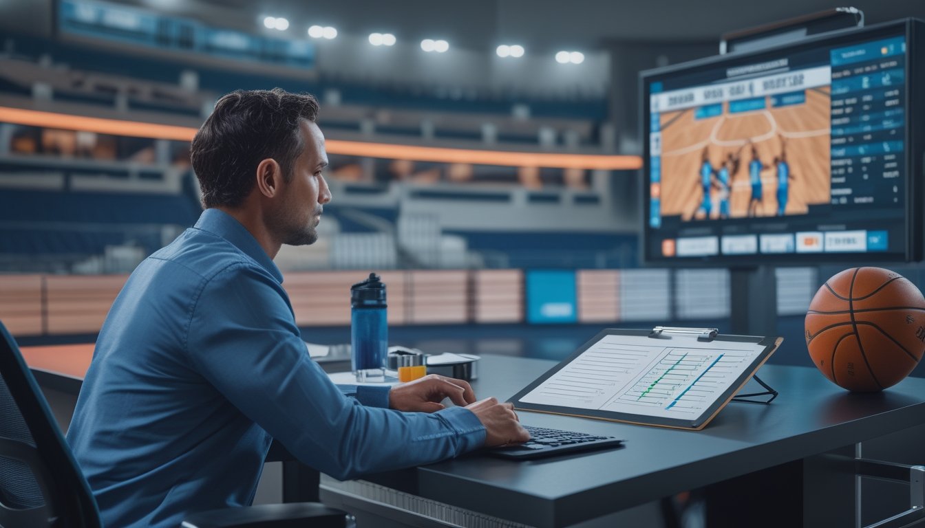 Seorang analis mempelajari strategi dan statistik pertandingan basket di meja kerja dengan papan taktik dan bola basket.