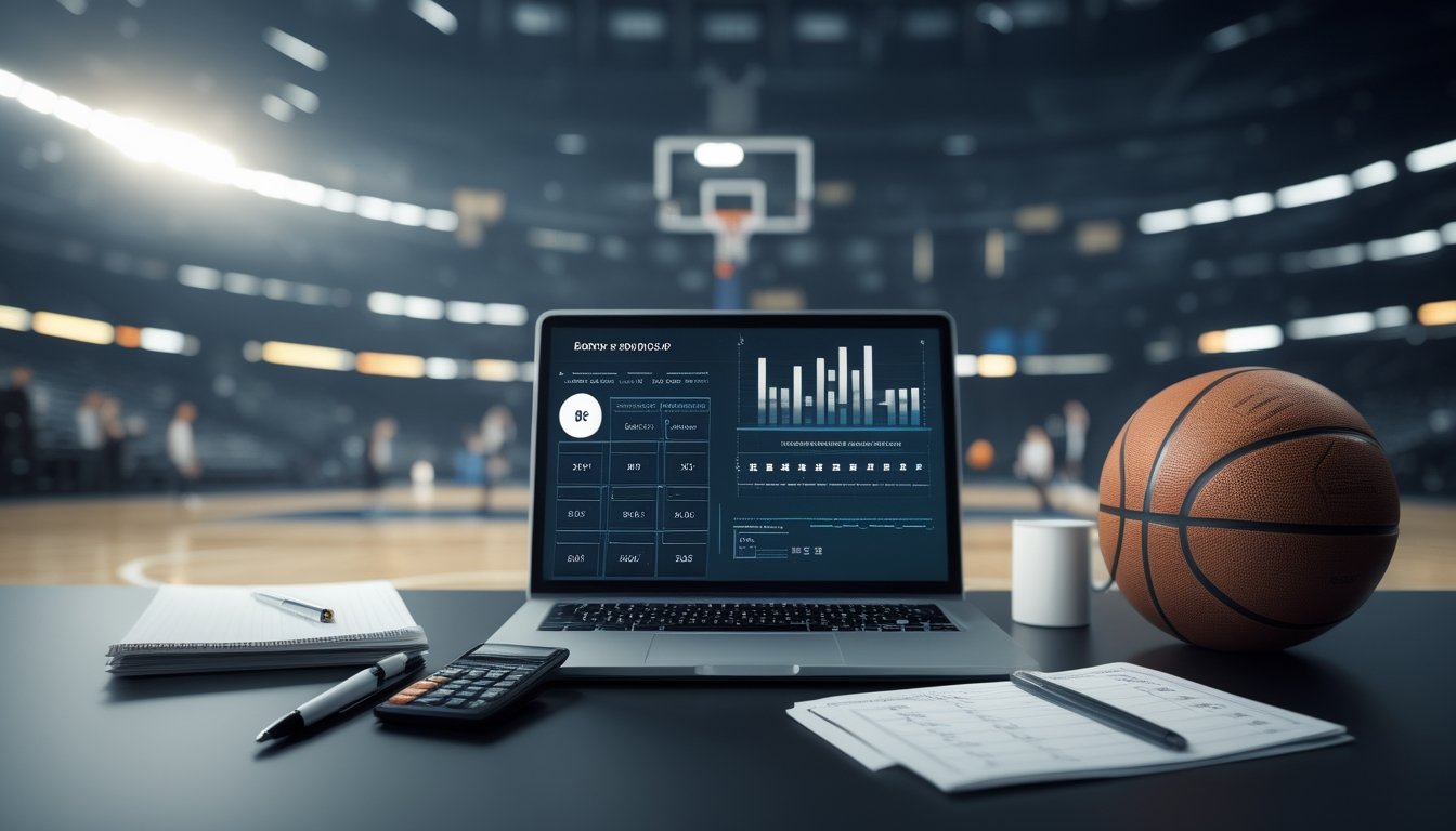 Meja analisis dengan bola basket, laptop berisi grafik, kalkulator, dan latar lapangan basket yang buram.